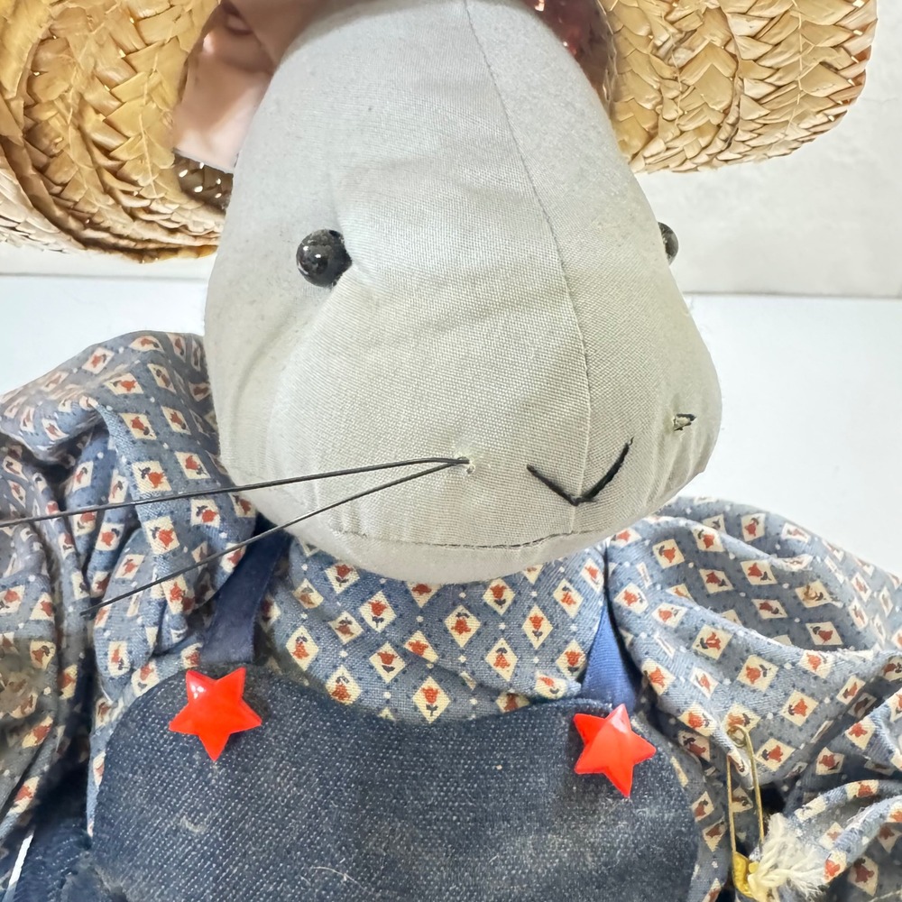 VTG Karen's Barnyard Critters Folk Art Bunny Rabbit Doll Straw Hat Denim Overall - Picture 6 of 7